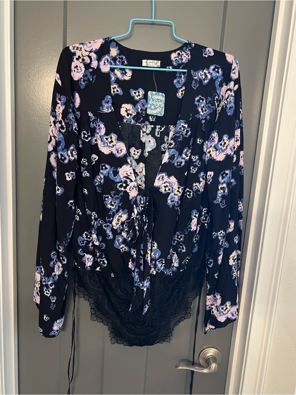 Intimately FP Floral Lace-Trim Navy Bodysuit with Pink Accents “Black Combo”
